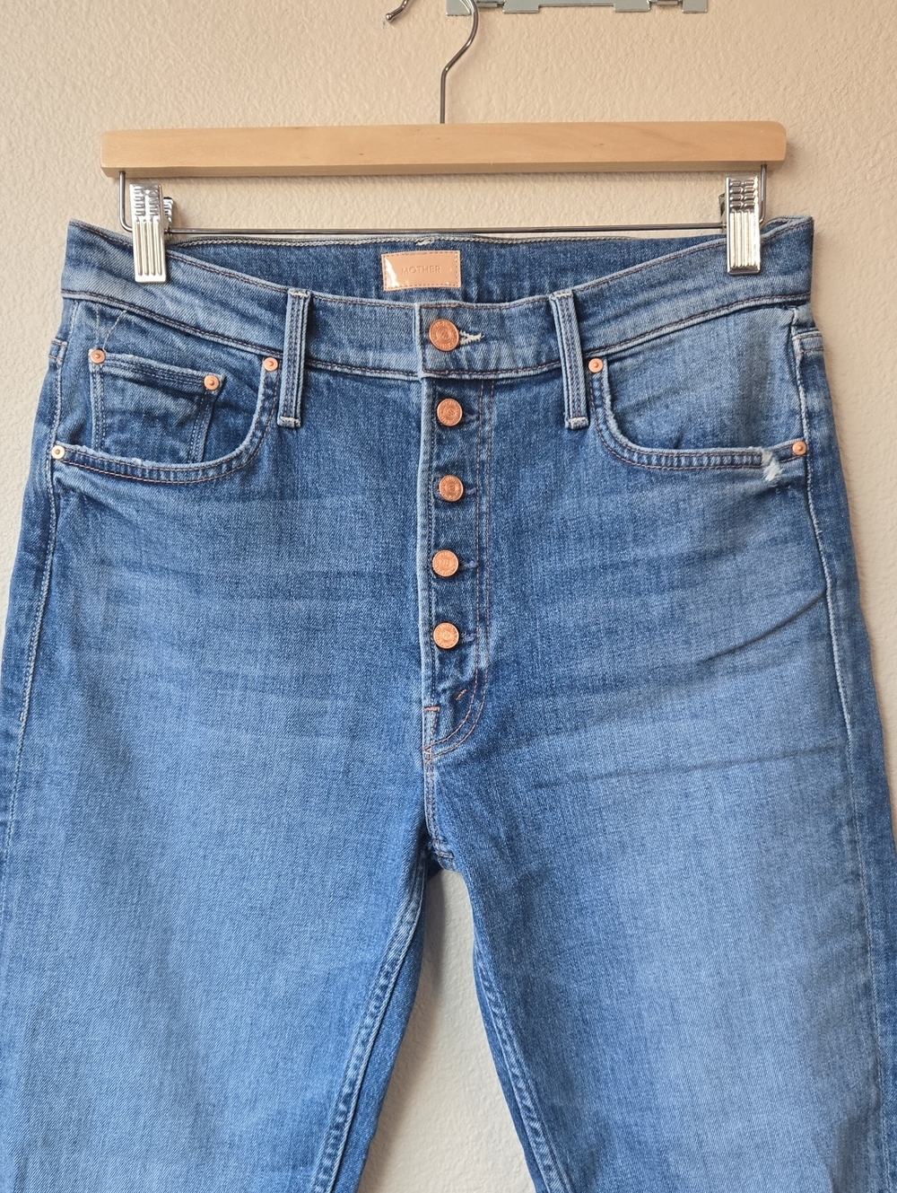 MOTHER Medium Blue Button-Fly High-Rise Jeans
